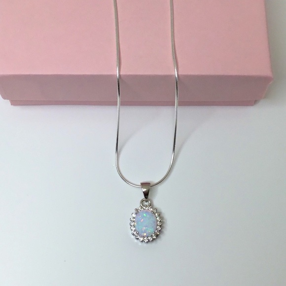 Sterling Silver Lab Created Opal and Cz Necklace - Picture 3 of 16